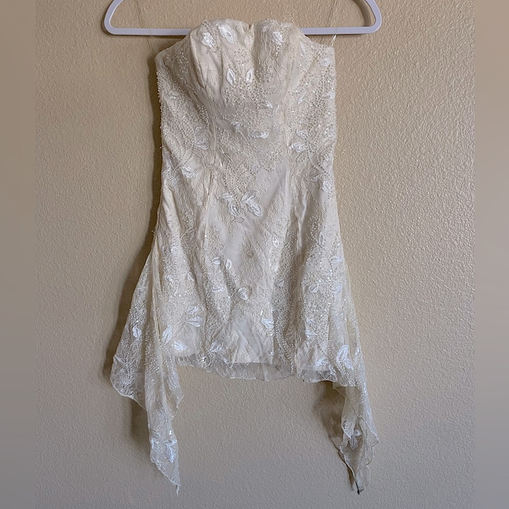 Embellished Lace Bandeau Mini Dress in Ivory